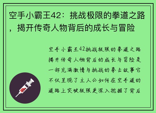 空手小霸王42：挑战极限的拳道之路，揭开传奇人物背后的成长与冒险