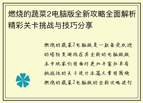 燃烧的蔬菜2电脑版全新攻略全面解析精彩关卡挑战与技巧分享